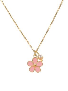 HGDEER Gold Chain Necklace with Pink Enamel Flower and Pearl Charm
